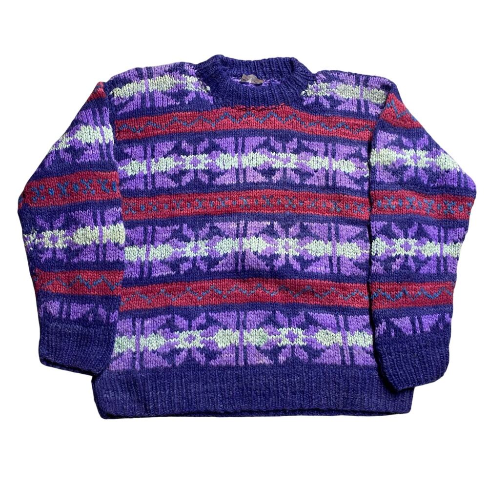 Vintage Rey Wear Wool Chunky-Knit Sweater Adult XL Purple Red Fair Isle Ecuador